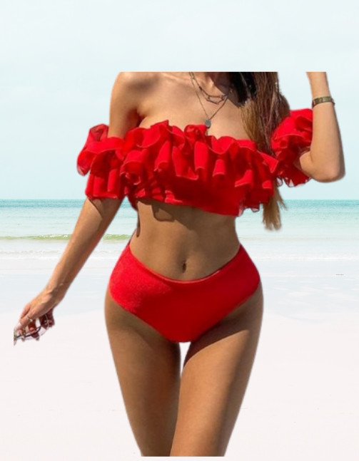 Red Off Shoulder Double Ruffle Bikini Meloria Swim 3365