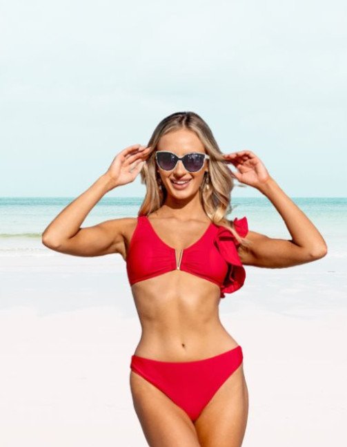 Beautiful_and_Stylish_One-Ruffled_Shoulder_Hot_and_Sexy_Bikini_Female_Red