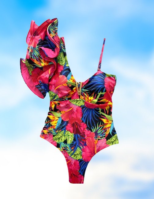 One-Ruffled Shoulder Sleeve Tropical Swimsuit – Meloria Swim